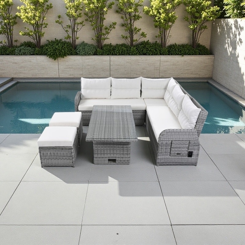 6-Piece Outdoor Reclining Patio Set with Adjustable Glass Table, Built-in Side Tables, and Ottomans, Cushions