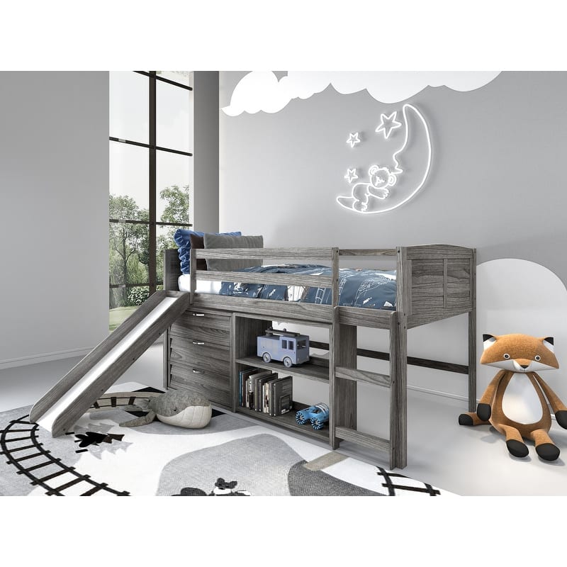 Twin-size Antique Grey Louver Storage Bookcase Loft Bed with Slide.