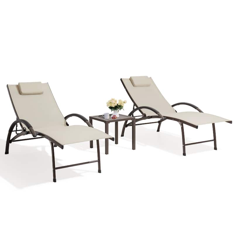 3-piece Outdoor Adjustable Aluminum Reclining Chaise Lounge Chairs with Wheels and Side Table Set