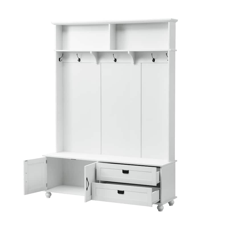 Roomfitters Widen Mudroom Hall Tree with Storage Bench, Modern Entryway Cabinet with 2 Large Compartments and 5 Coat Hooks