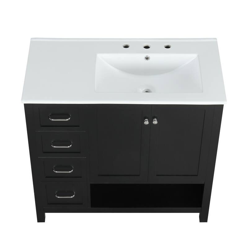 Roomfitters 36" Bathroom Vanity with Sink, Right-Side Basin, Solid Wood Frame, 2 Doors, 2 Drawers & Open Shelf