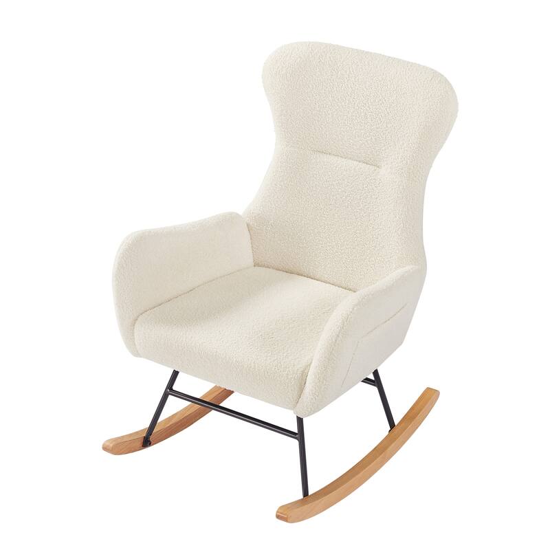 Teddy Fabric Rocking Chair with Pockets: Off-White Teddy Fabric, Comfortable Nursery Furniture