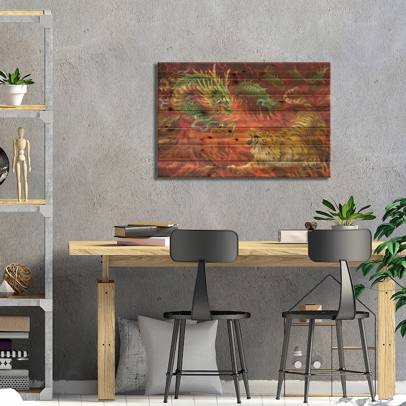 Dragon Vs Tiger On Fire Print On Wood by Kayomi Harai - Multi-Color