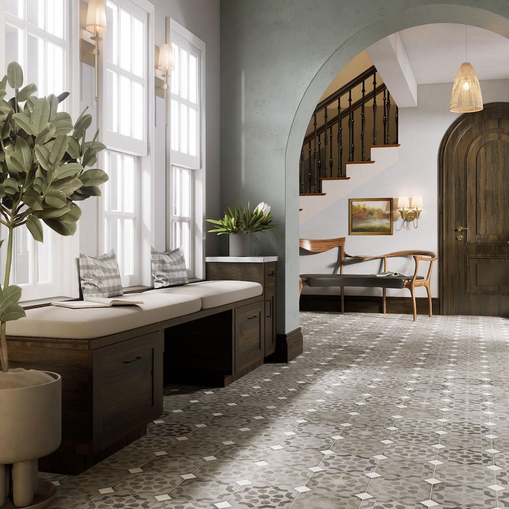 Merola Tile Laverton Octagon Deco Sombra with Taco Nieve 7-7/8" x 7-7/8" Porcelain Floor and Wall Tile