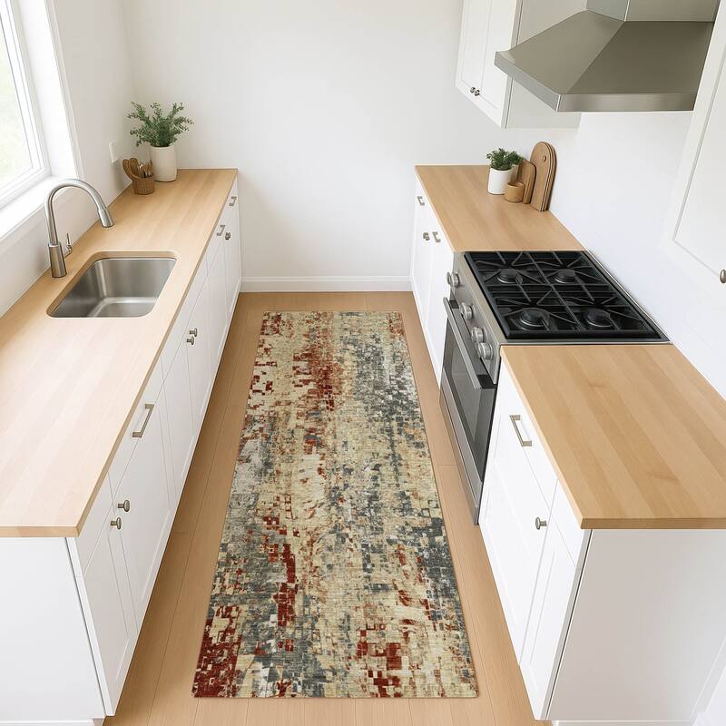 Machine Washable Indoor/ Outdoor Abstract Pixels Chantille Rug