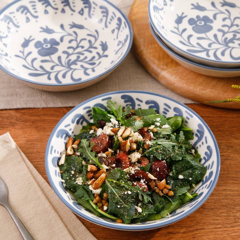 Bloomhouse - 2-Time Oprah's Favorite Things, Valencia Flor 4 Piece 8" Dinner Bowl Set, Stoneware, Floral Decal Design