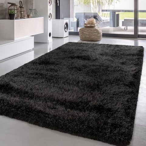 Fluffy Shag Rug in Anthracite For Bedroom & Living-Room Glossy Yarn