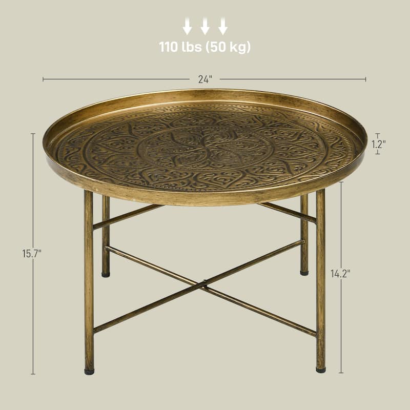 Modern Brushed Metal Coffee Table with Hammered Floral Tray and Adjustable Feet Crossbar Frame - Dia. 24”. x 15.7" H