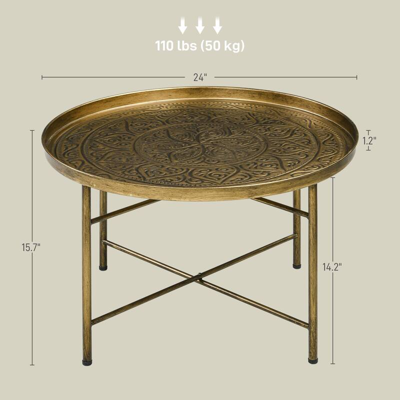 Round Coffee Table with Hammered Tray Top, Vintage Metal Center Side Table