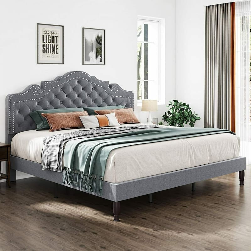 King Size Bed Frame with Diamond Button Adjustable Headboard, Grey - Grey - King