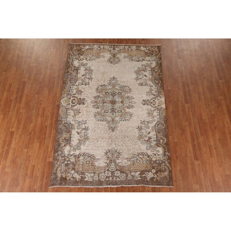 Distressed Sparta Turkish Vintage Rug Hand-Knotted Beige Wool Carpet - 5'11"x 9'1"