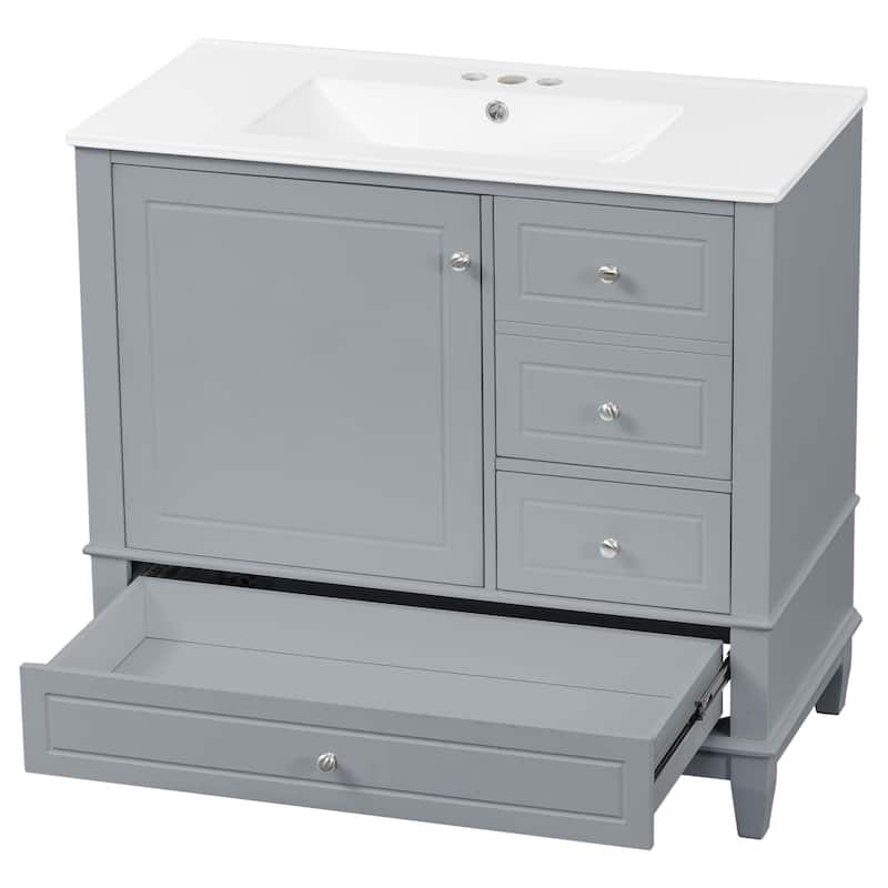 36"Bathroom Vanity with Ceramic Sink, 3 Drawers & Cabinet with Shelves, Freestanding Vanity Cabinet with 4-Inch Faucet Holes