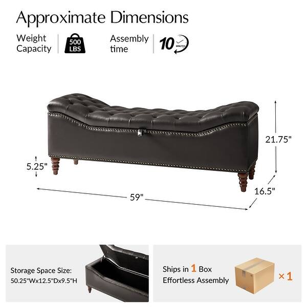 dimension image slide 0 of 4, Zona 59"W Traditional Faux Leather Tufted Upholstered Storage Bench With Soild Wood Legs and Nailhead Trim By HULALA HOME