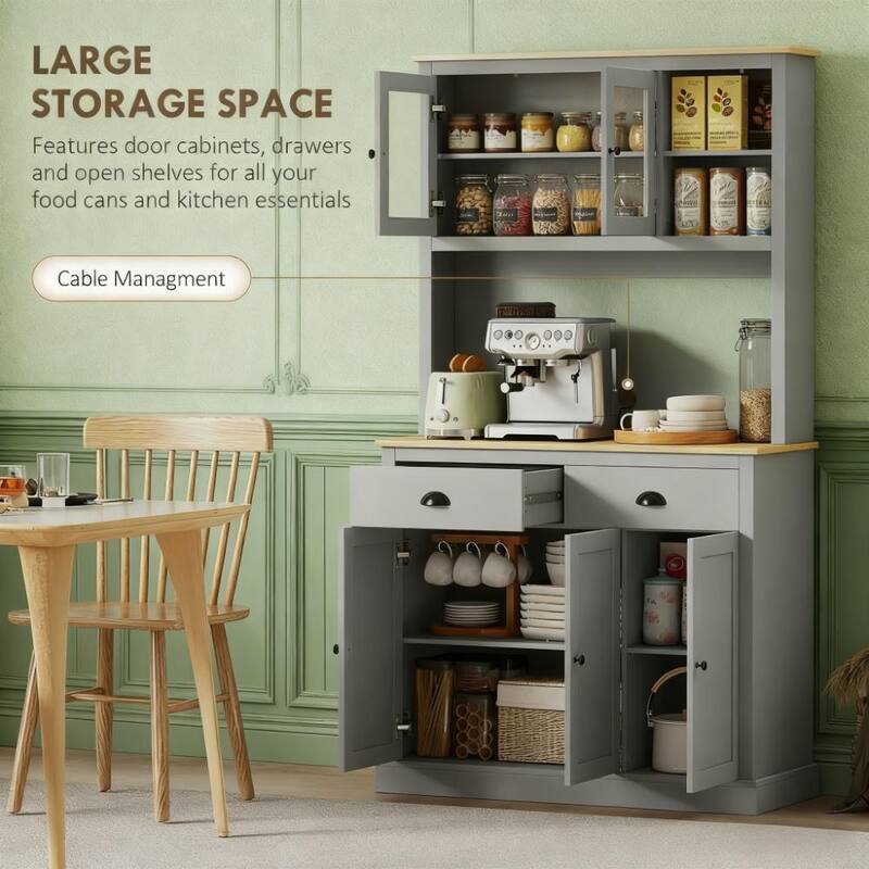 71 Inch Tall Freestanding Pantry Cabinet with Adjustable Shelves Glass Doors and Drawers for Kitchen Storage