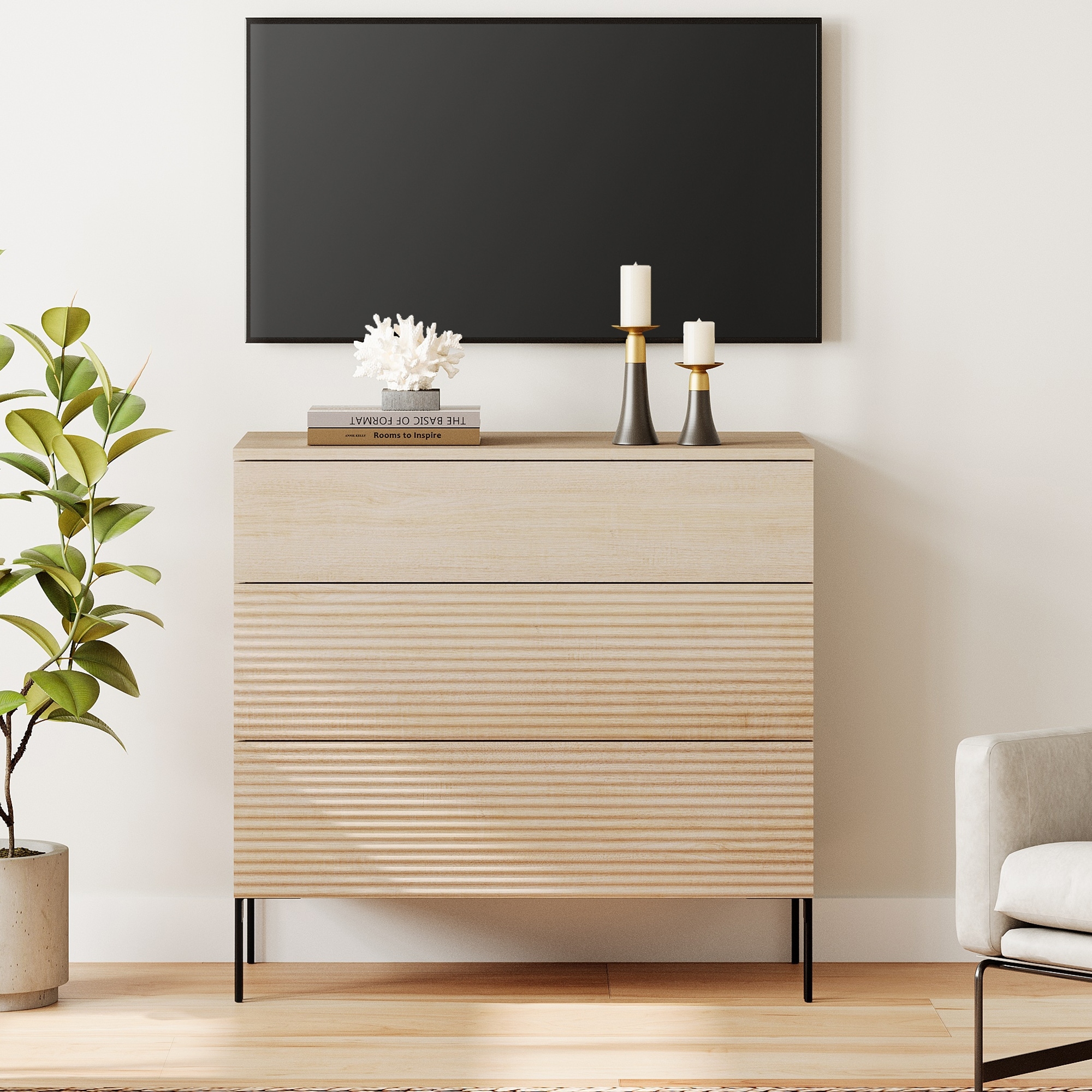 31.5" Reeded Dresser TV Stand, Modern Minimalist Entertainment Center, Wooden TV Console 