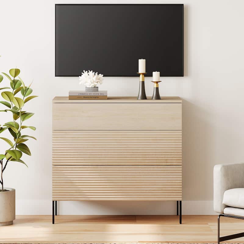 31.5" Reeded Dresser TV Stand, Modern Minimalist Entertainment Center, Wooden TV Console  - 1PC - Beige