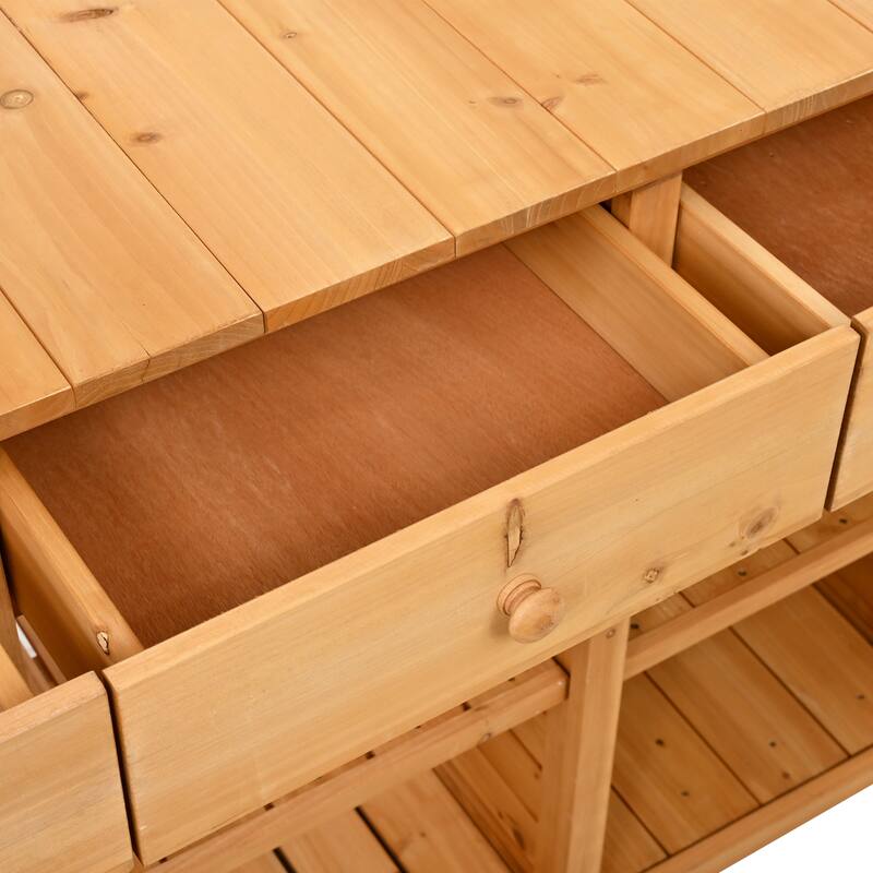 Outdoor Wood Workstation Table, Garden Potting Bench Table with Hutch, Storage Workstation with 2 Bottom Cabinets and Side Hooks