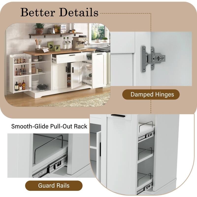 53.7" Kitchen Island Storage with 3-Tier Pull-Out Rack and Adjustable Shelves for Kitchen, Dining Room