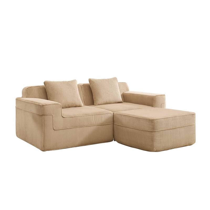 GDFStudio - Corduroy Modular 2-Seater 81.1" L-Shaped Cloud Sectional Loveseat Sofa with Ottoman