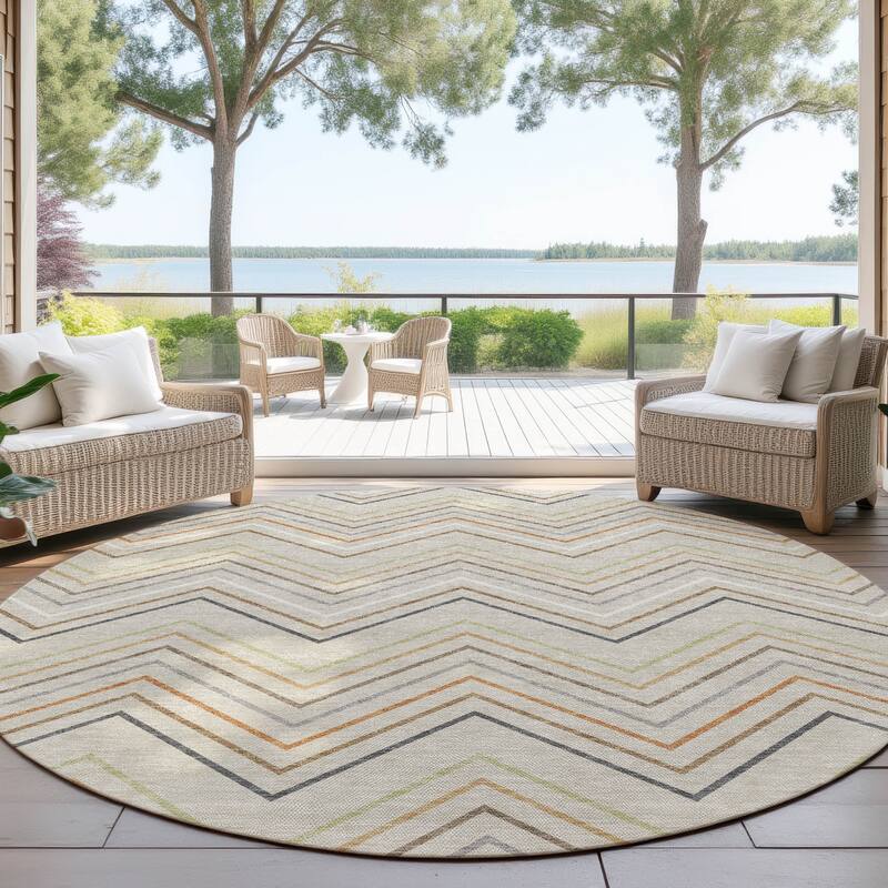 Machine Washable Indoor/ Outdoor Modern Chevron Chantille Rug - Beige - 8' x 8'