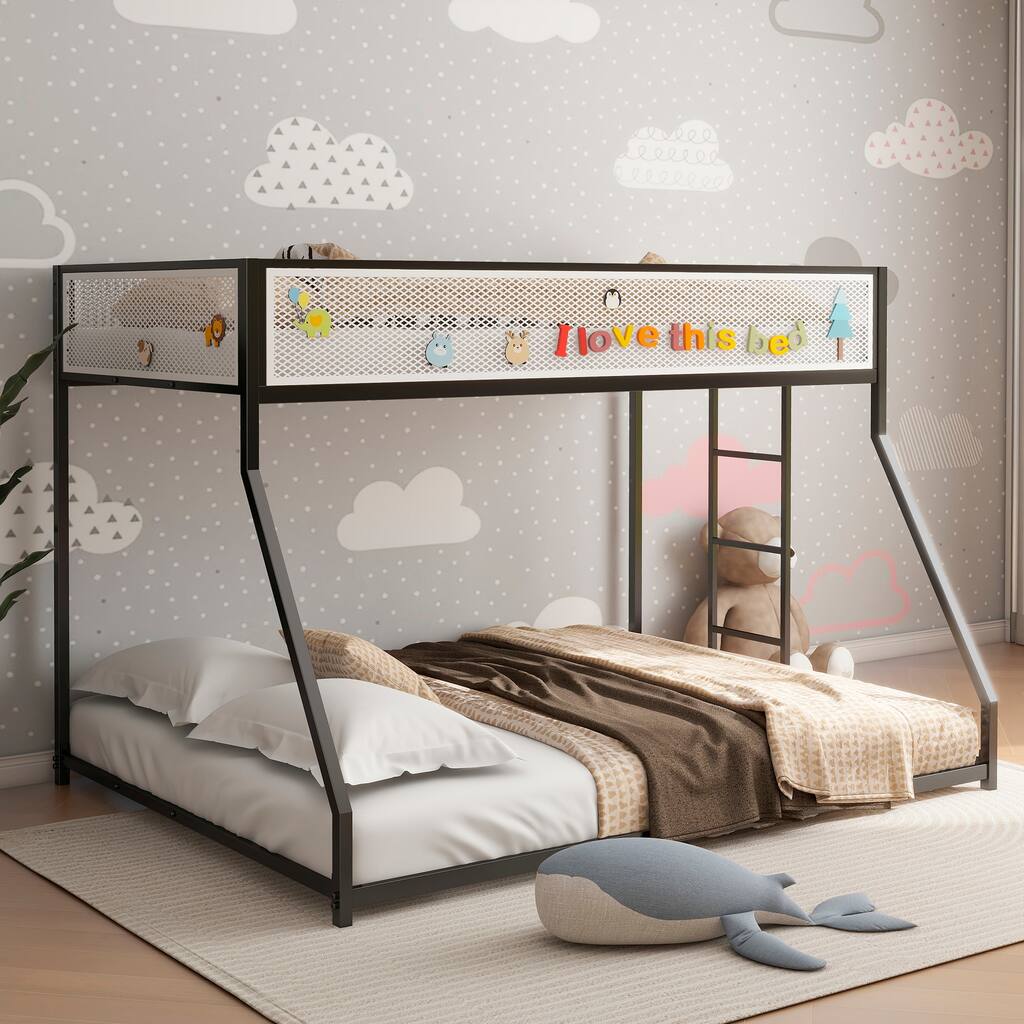 Twin Full Bunk Bed Metal Black with White Mesh Guard Rail,Low Profile and Easy Climbing with Stable Ladder
