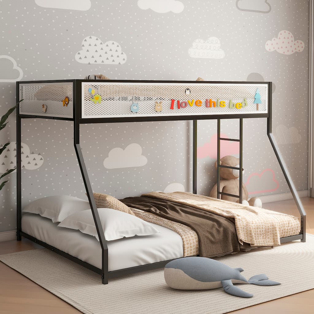 Twin-over-Full Metal Bunk Bed with White Mesh Guardrails and Interchangeable Ladder