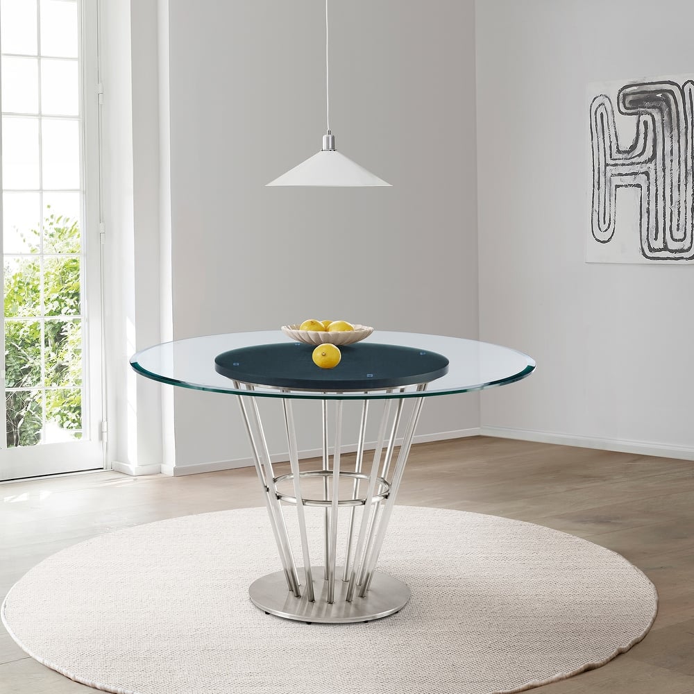 Veronica 48 inch Glass and Walnut Wood Round Dining Table with Metal Base