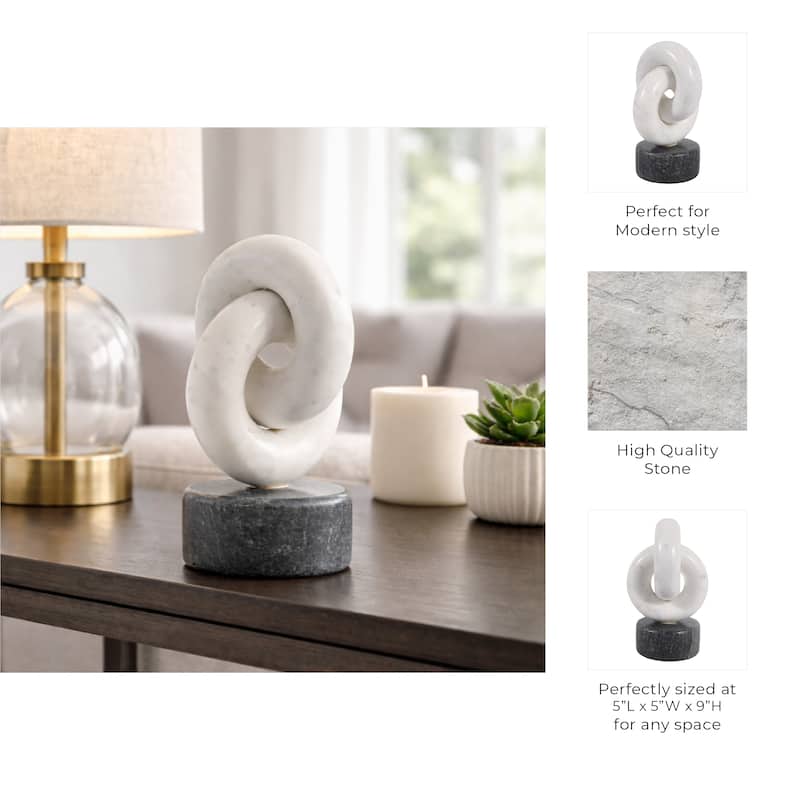 Modern Marble Link Figurine - Decorative Statue - 9", White & Gray - 8.75"