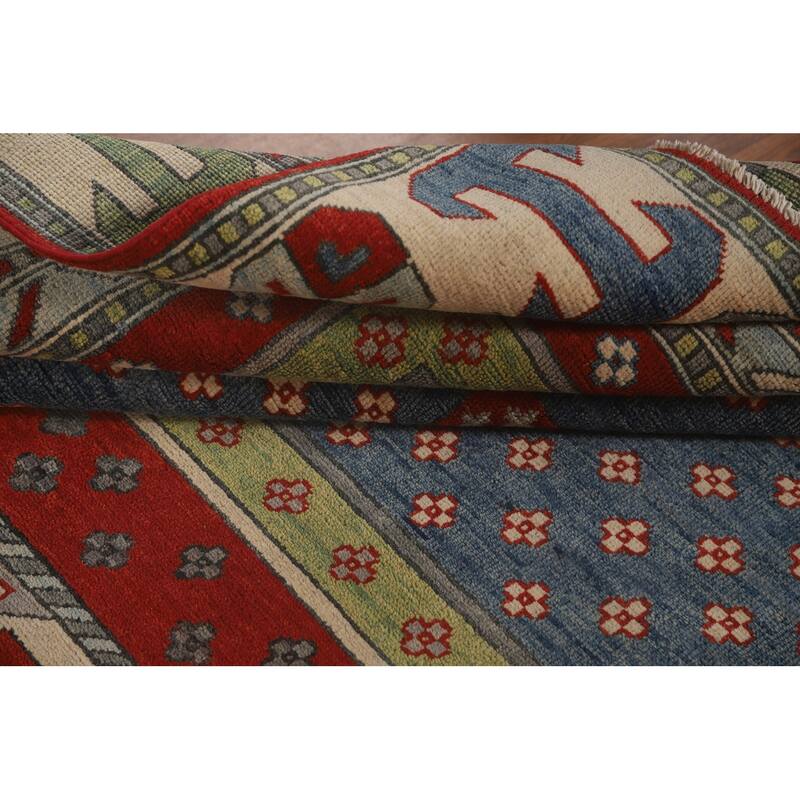 Geometric Kazak Area Rug Hand-Knotted Multi-Color Wool Carpet - 5'11" x 9'2"