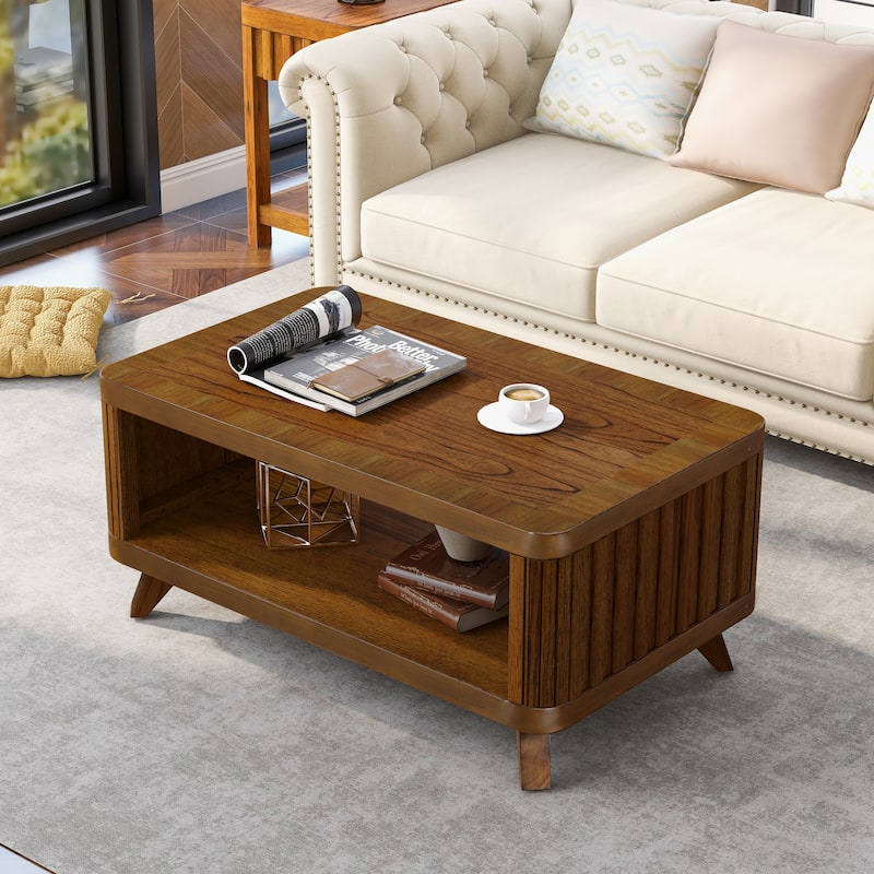 41.5" Rectangular Coffee Table, Solid Wood Fluted Coffee Table 2 Tier Storage Center Table Tea Table with Open Shelf