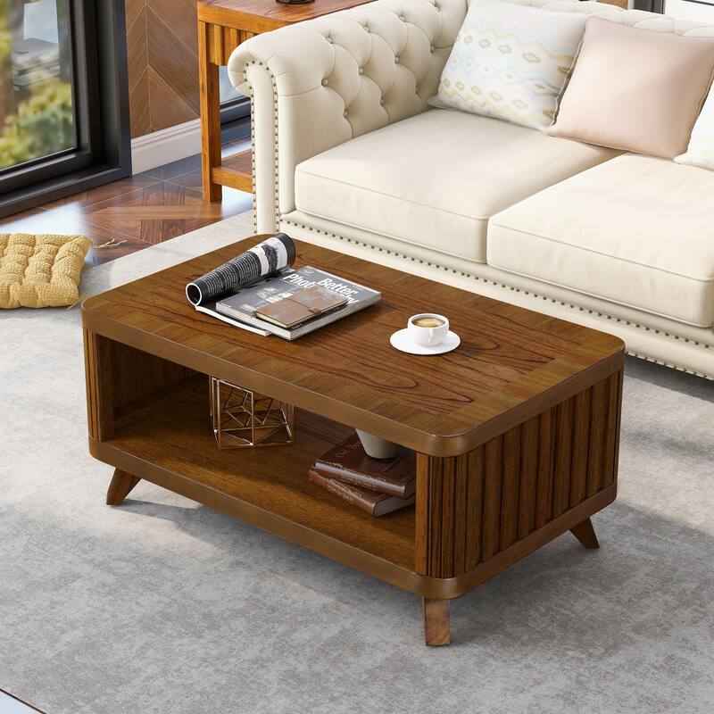 Solid Wood Coffee Table Rectangular Center Table with Open Storage Shelf, Smooth Curved Edge and Vertical Groove Design