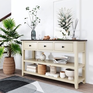 Mid-Century Style Pine Solid Wood Retro Console Table with 3 Drawers ...