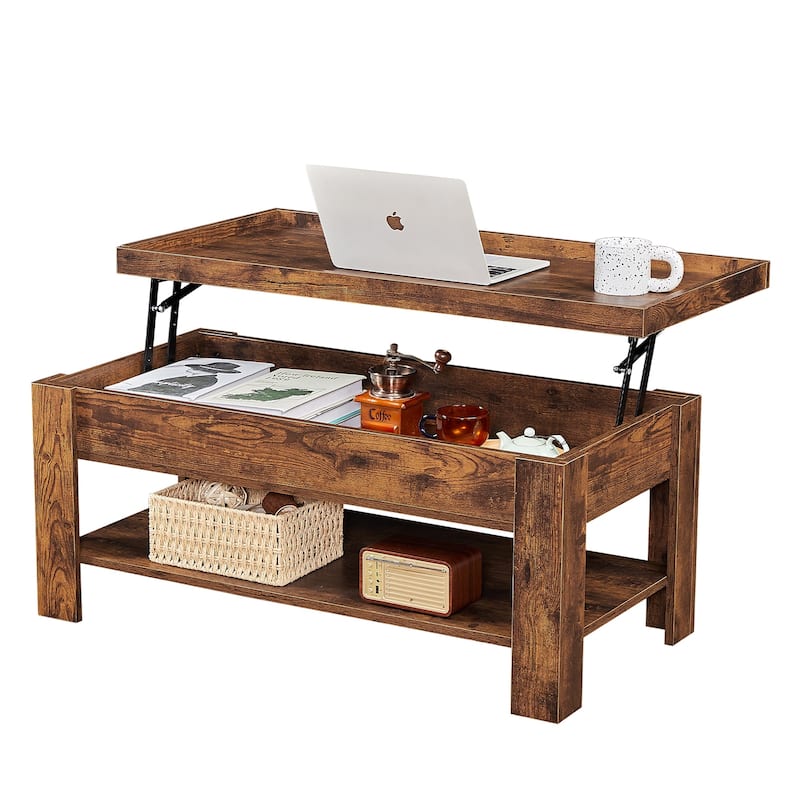 VECELO Lift Top Coffee Table with Hidden Storage and Open Shelves–Modern Center Table for Living Room and Small Spaces