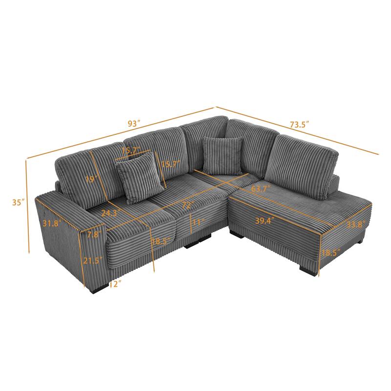 L-shaped Sectional Sofa with Reversible Chaise Lounge and Pillwo Corduroy Upholstered Couch with Removed Sofa Covers