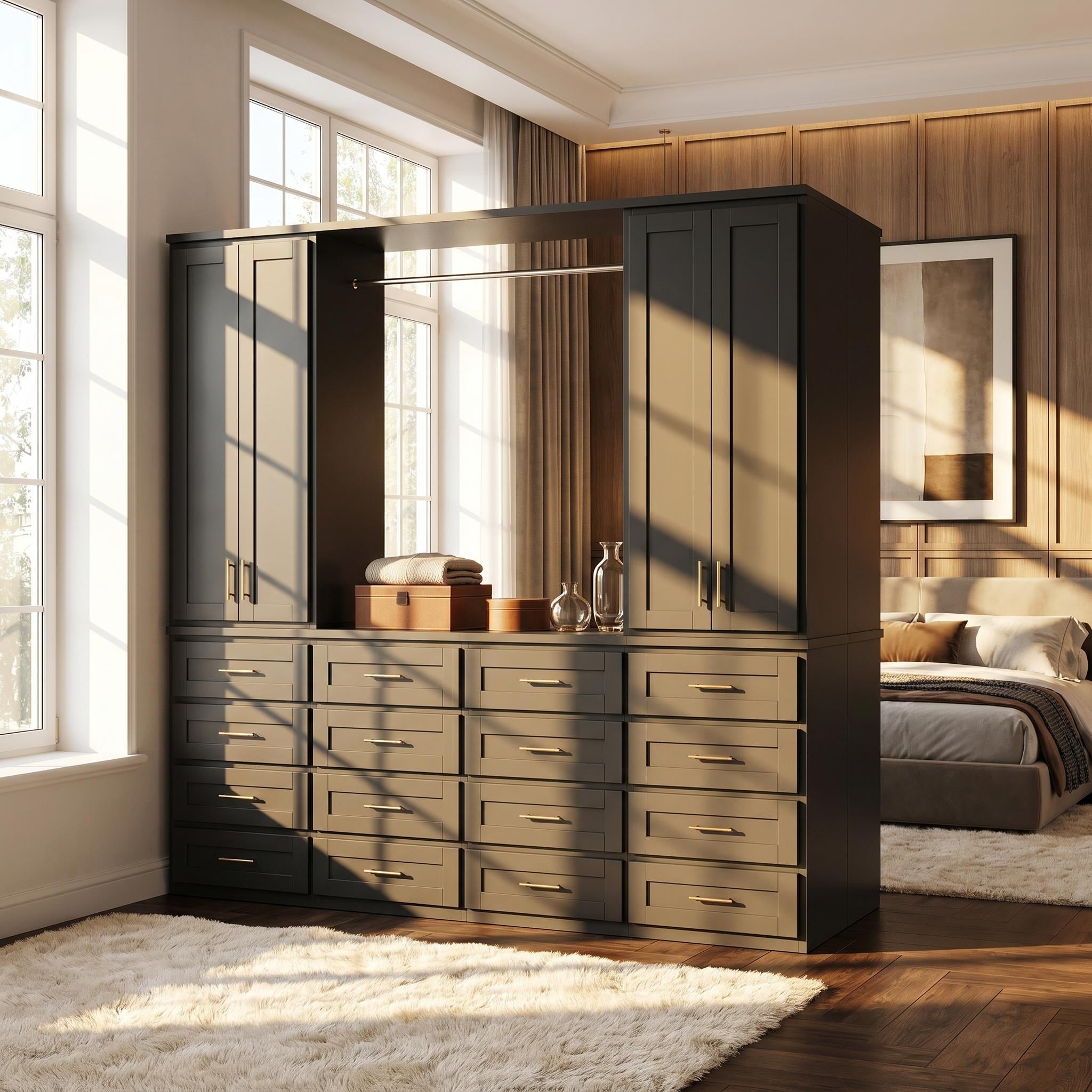 94.5" Black Wardrobe Closet System with 16 Drawers, Freestanding Armoire Closet with Hanging Rod,Bedroom Storage Cabinet