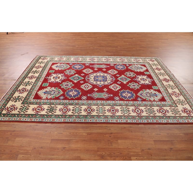 Red Geometric Kazak Oriental Area Rug Hand-Knotted Wool Carpet - 5'8" x 8'4"