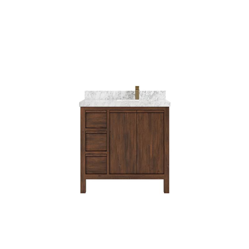 Willow Collections 36 in. W x 22 in. D Elizabeth Solid Teak Right Offset Sink Bathroom Vanity with Countertop - 2" Carrara Marble - Dark Walnut