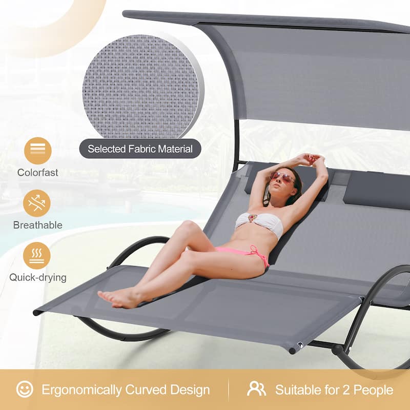 Gymax Outdoor Double Chaise Rocker Rocking Daybed Sun Lounger w/ Sun