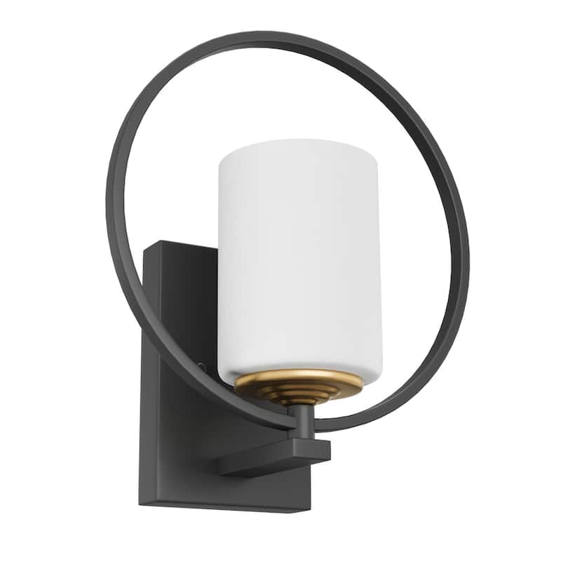 Modern Black and Gold Wall Light with White Frosted Glass Shade