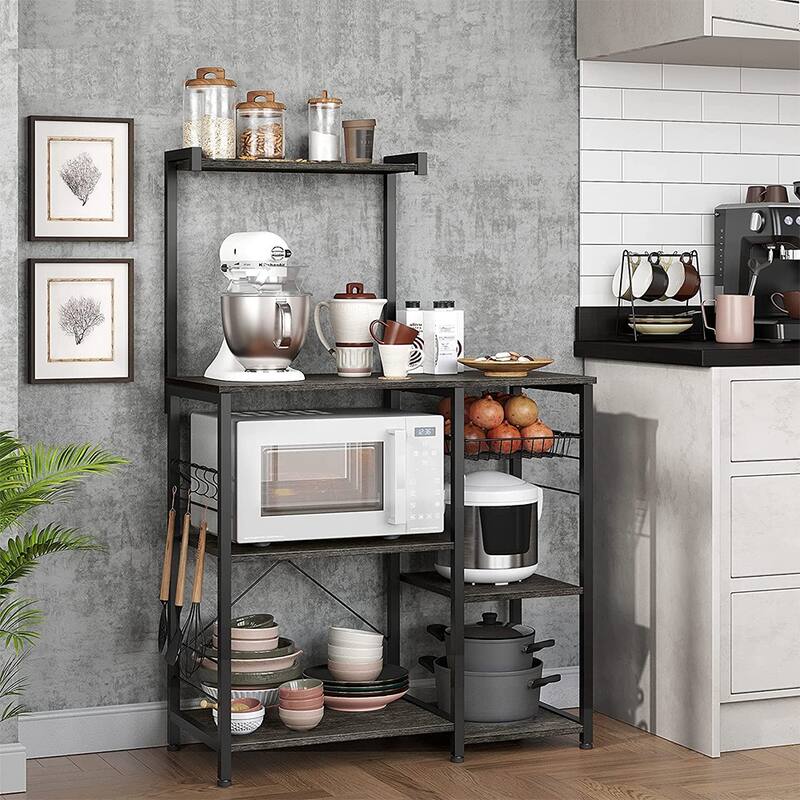 Kitchen Microwave Oven Stand Shelf with Wire Basket and 6 S-Hooks - 35.4"L x 15.7"W x 52"H