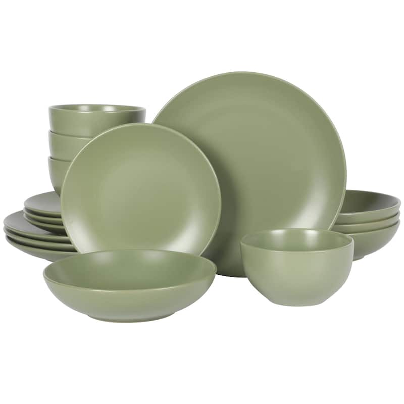 Gibson Home Queenslane 16-Piece Double Bowl Stoneware Dinnerware Set - Green