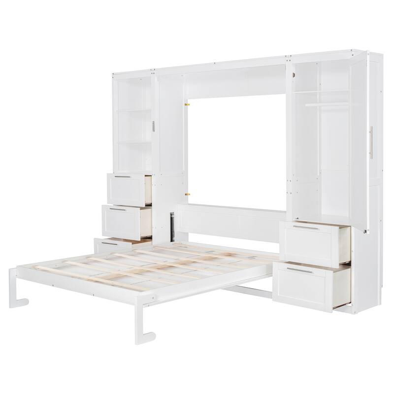 Queen Size Murphy Bed Hidden Bed with Wardrobe Drawers Shelves