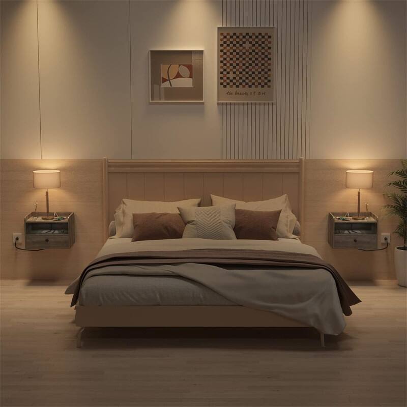 Floating Nightstand Set of 2 with Charging Station and Storage Drawer Wall Mounted - 11.5"D x 15.8"W x 11.5"H