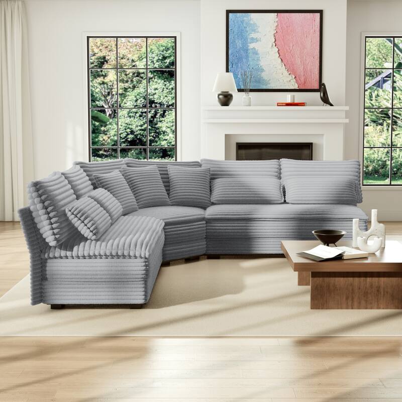 5-Seater L-Shaped Sectional Sofa with Curved Corner - Plush Corduroy Fabric, 7 Pillows (3 Throw + 4 Lumbar)
