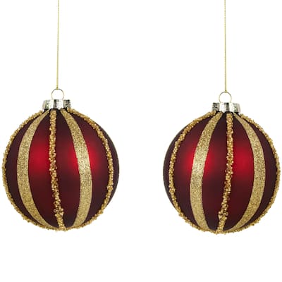 Set of 2 Burgundy and Gold Striped Beaded Christmas Glass Ball Ornaments 4"