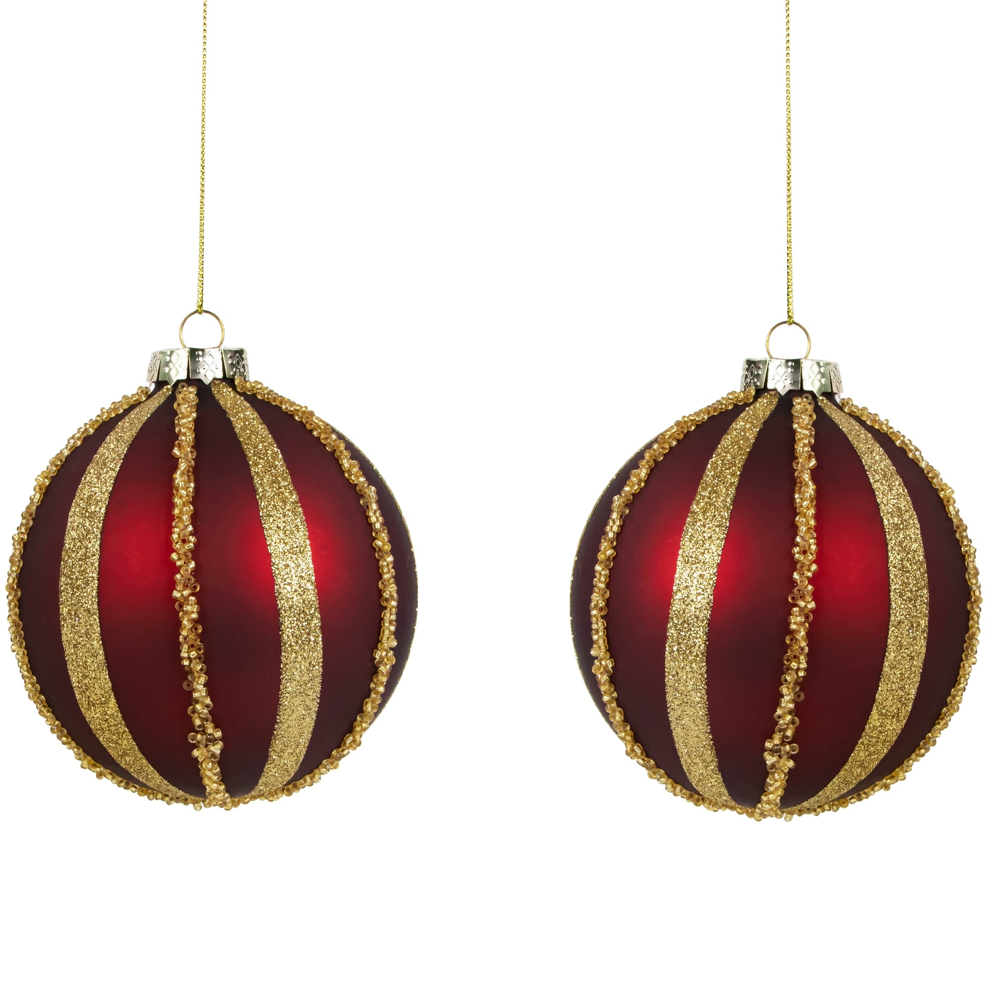 Set of 2 Burgundy and Gold Striped Beaded Christmas Glass Ball Ornaments 4"