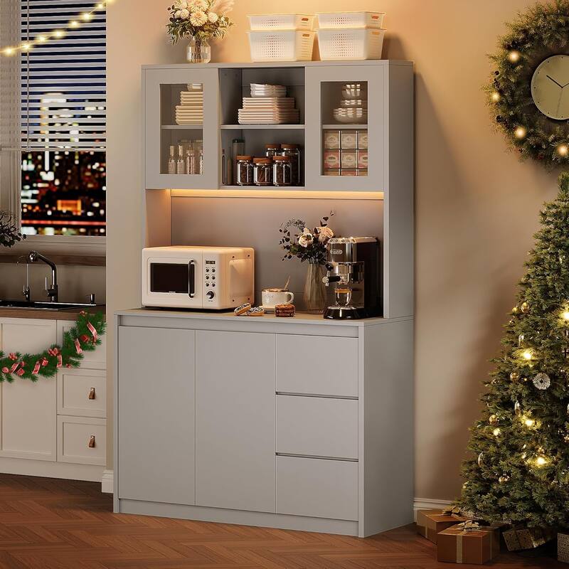 Kitchen Pantry Cabinet , Tall Storage Cabinet with Countertop and LED Lights - Grey