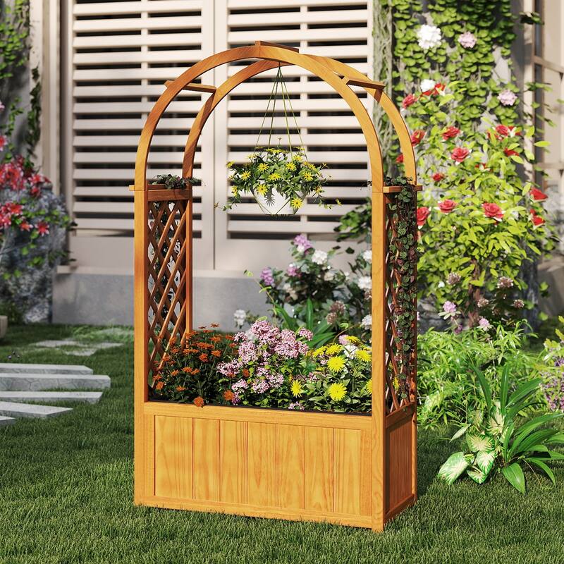 Gymax 2PCS Wooden Raised Garden Bed w/ Lattice Trellis Arched Roof