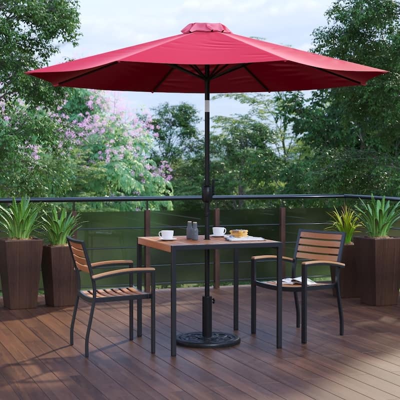 Patio Set wirh 35" Table, 2 Chairs, and Umbrella with Base - 35.25"W x 35.25"D x 29.5"H - Red