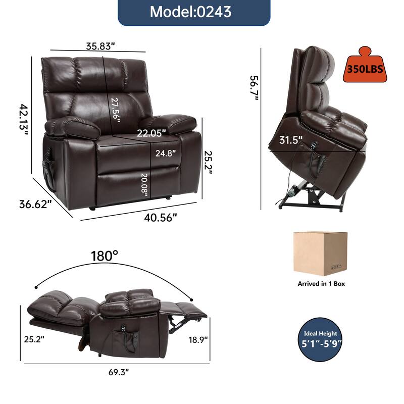 Leatheraire Heat Massage Dual Motor Infinite Position Up to 350 LBS Large Electric Power Lift Recliners with Hidden Cup Holders